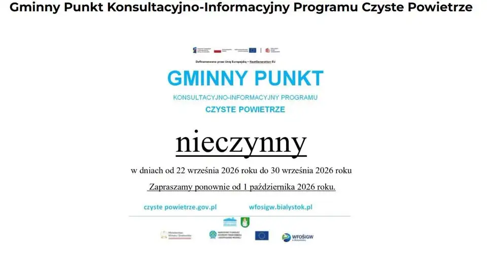 Gminny Punkt Konsultacyjno-Informacyjny Programu Czyste Powietrze nieczynny do końca września
