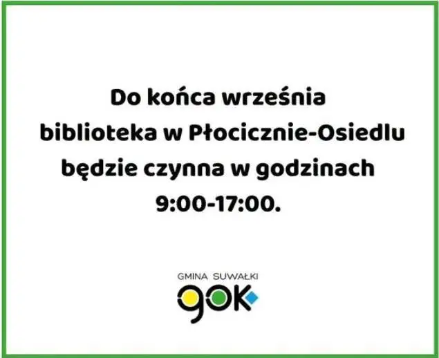 Zmiana godzin pracy biblioteki w Płocicznie-Osiedlu
