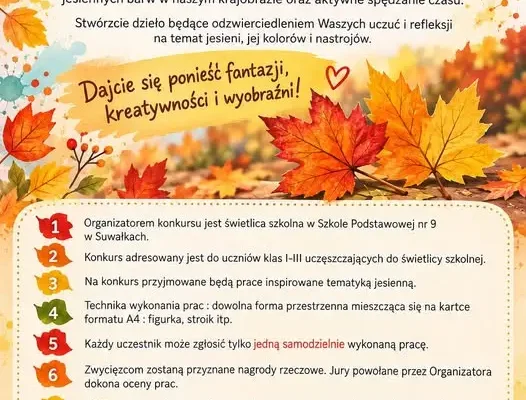 Świetlica szkolna w Szkole Podstawowej nr 9 zaprasza do konkursu plastycznego „Jesienne Inspiracje”