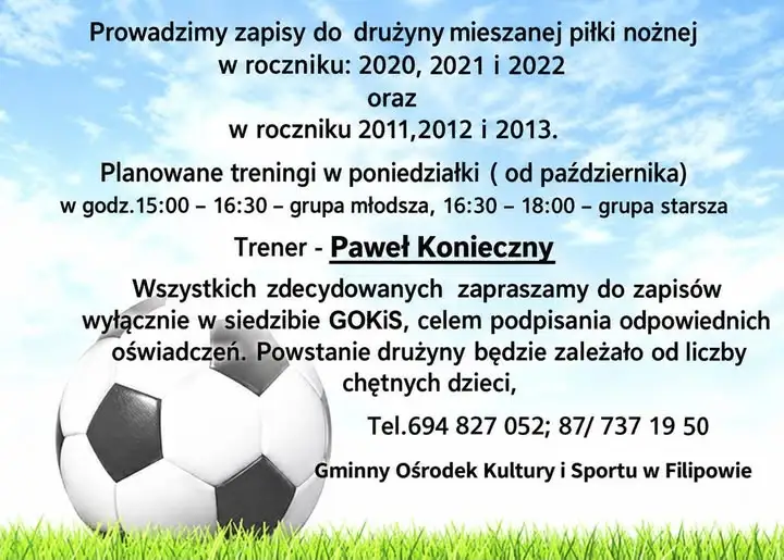 GOKiS Filipów przedłuża nabór do drużyny piłki nożnej – zapisy do końca października