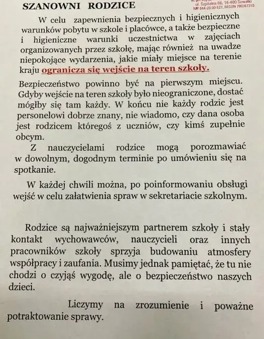 Szkoła w Suwałkach apeluje o czujność po incydentach. Zaleca procedurę 4U